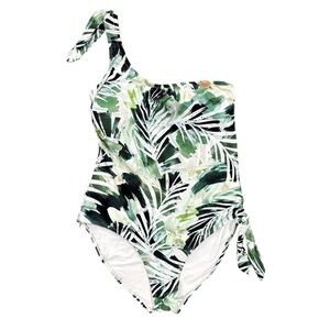 Nip Tuck One Shoulder One Piece Swimsuit Tummy Control Green Palm Leaf Size 10